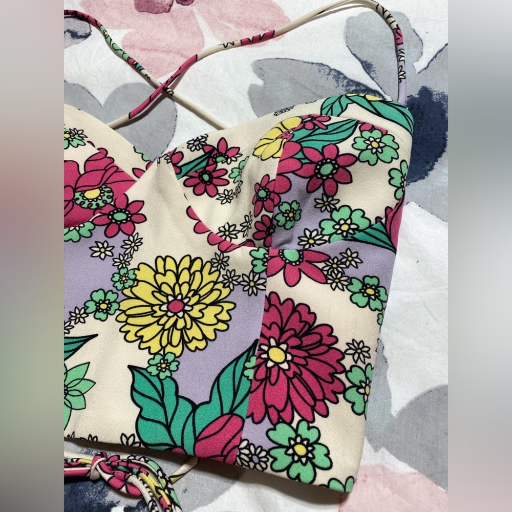 Zara Floral Sleeveless Spaghetti Strap Crop Tank Top Size Medium - Picture 8 of 12